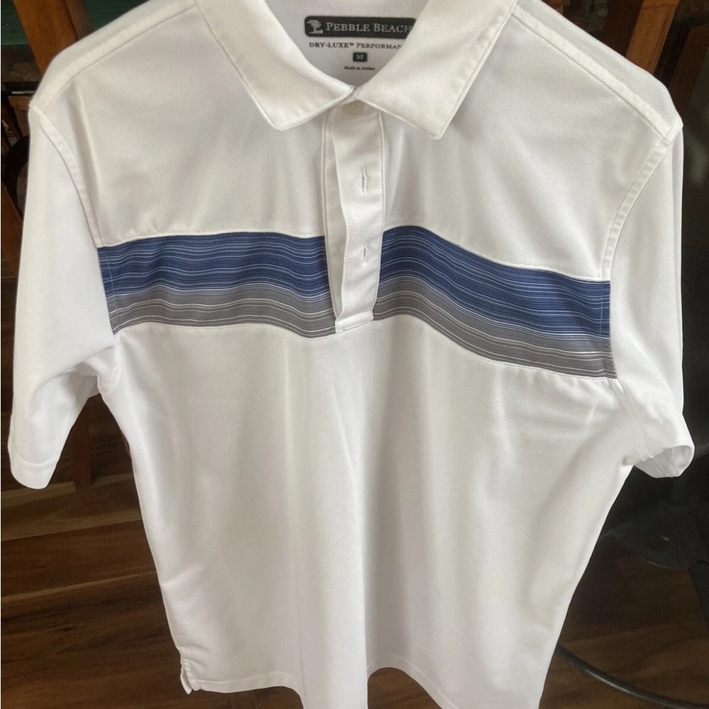 Pebble Beach White Polo with Blue Stripes‎